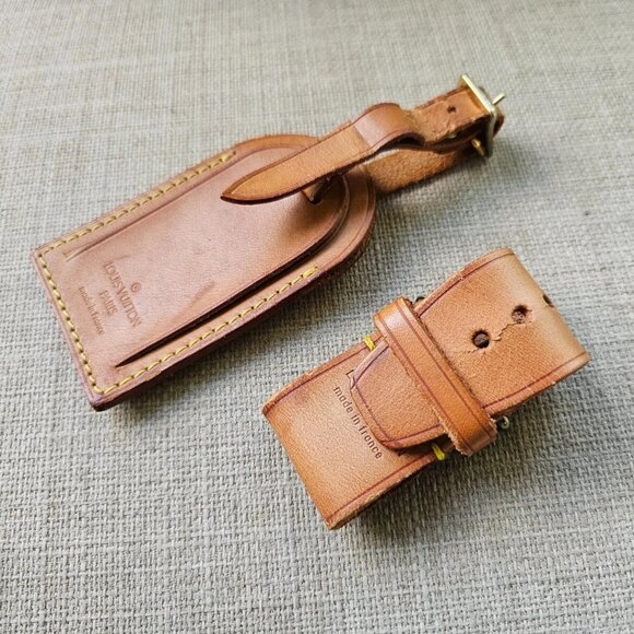 Louis Vuitton Luggage Travel Bag Tag Tan Genuine Leather Made in France Authenti